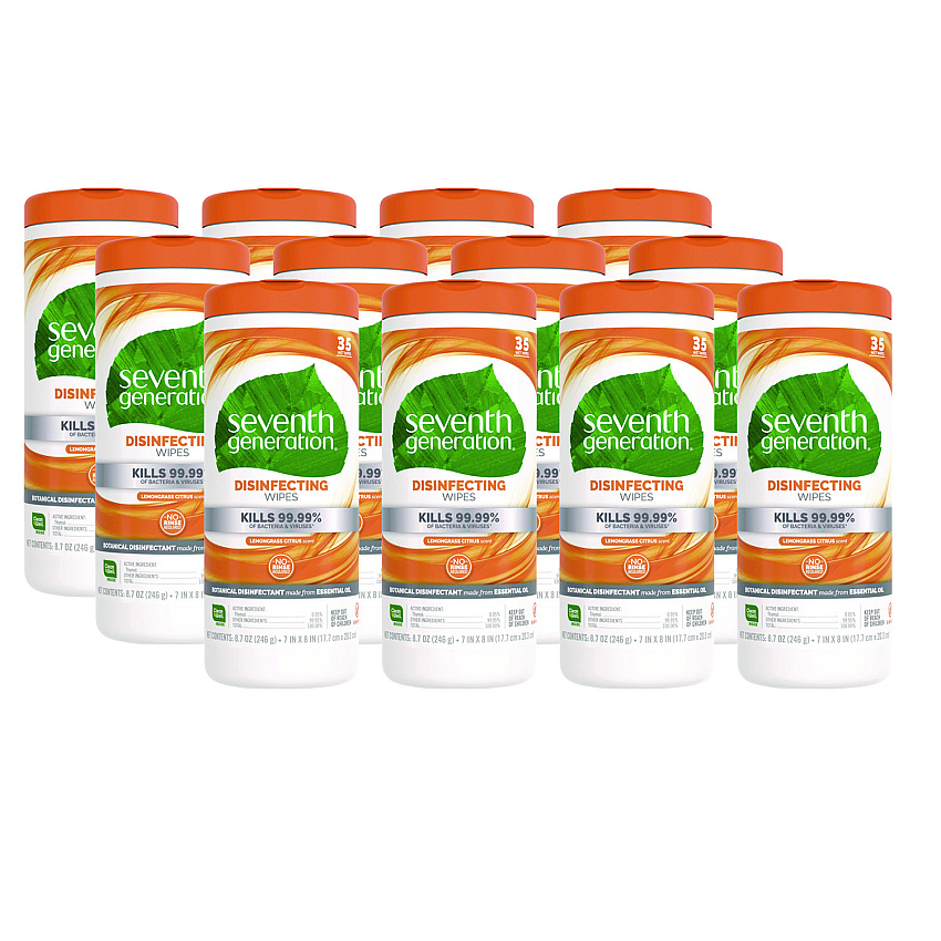 Seventh Generation Botanical Disinfecting Wipes, 8 x 7, Lemongrass Citrus, White, 35 Count, 12/Carton (22812)