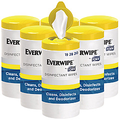 Everwipe by Tork Disinfectant Wipe Canisters, 1-Ply, 7 x 7, Lemon, White, 75 Sheets/Canister, 6/Carton (192820)