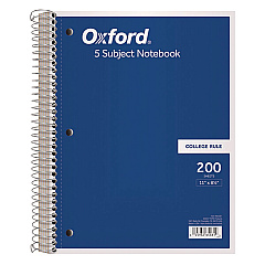 Oxford Coil-Lock Wirebound Notebooks, 3-Hole Punched, 5 Subject, Medium/College Rule, Randomly Assorted Covers, 11 x 8.5, 200 Sheets (65581)