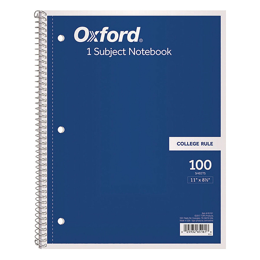 Oxford Coil-Lock Wirebound Notebooks, 3-Hole Punched, 1 Subject, Medium/College Rule, Randomly Assorted Covers, 11 x 8.5, 100 Sheets (65161)
