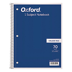 Oxford Coil-Lock Wirebound Notebooks, 3-Hole Punched, 1 Subject, Medium/College Rule, Randomly Assorted Covers, 10.5 x 8, 70 Sheets (65021)