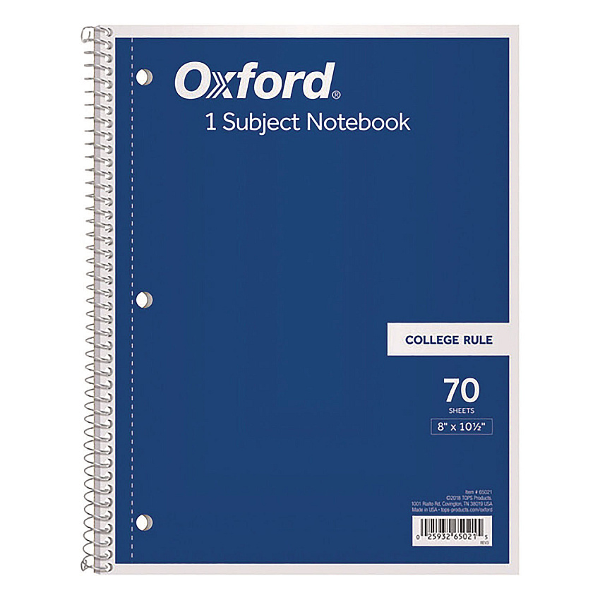 Oxford Coil-Lock Wirebound Notebooks, 3-Hole Punched, 1 Subject, Medium/College Rule, Randomly Assorted Covers, 10.5 x 8, 70 Sheets (65021)