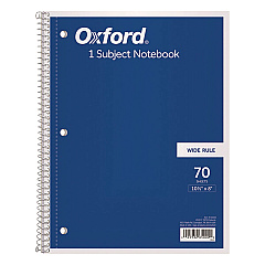Oxford Coil-Lock Wirebound Notebooks, 3-Hole Punched, 1 Subject, Wide/Legal Rule, Randomly Assorted Covers, 10.5 x 8, 70 Sheets (65000)