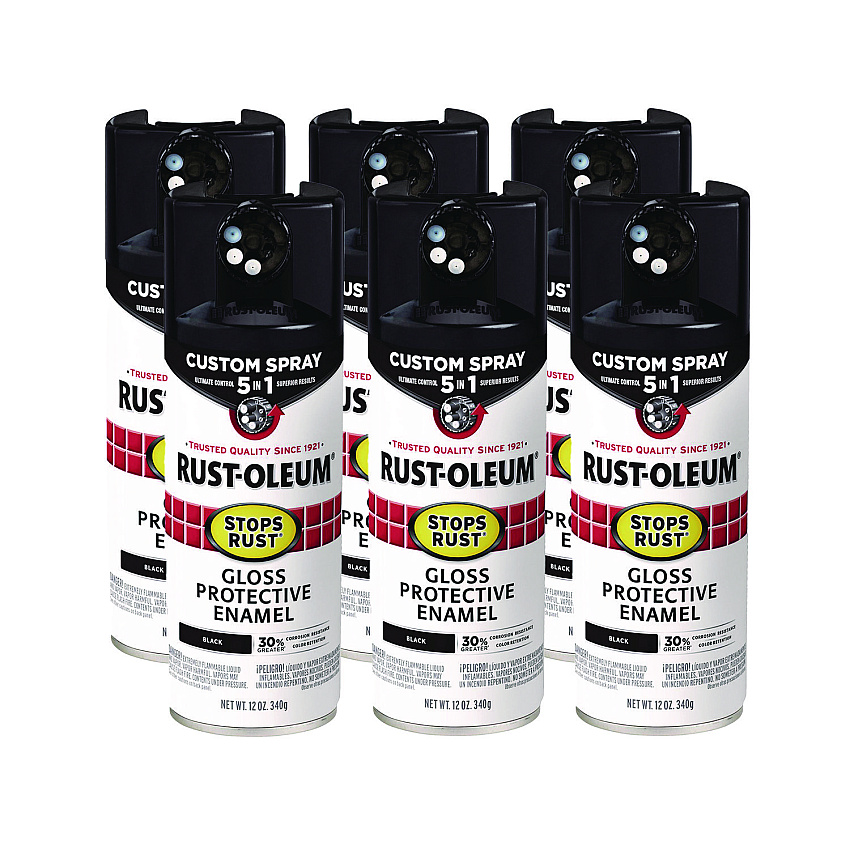 Rust-Oleum Stops Rust 5-in-1 Spray Paint, Gloss Black, 12 oz Aerosol Can, 6/Carton (376884)