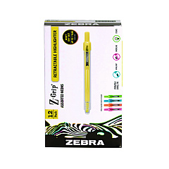 Zebra Z-Grip Retractable Highlighter Markers, Assorted Neon Ink, Chisel Tip, Assorted Neon Barrel, Dozen (71200)