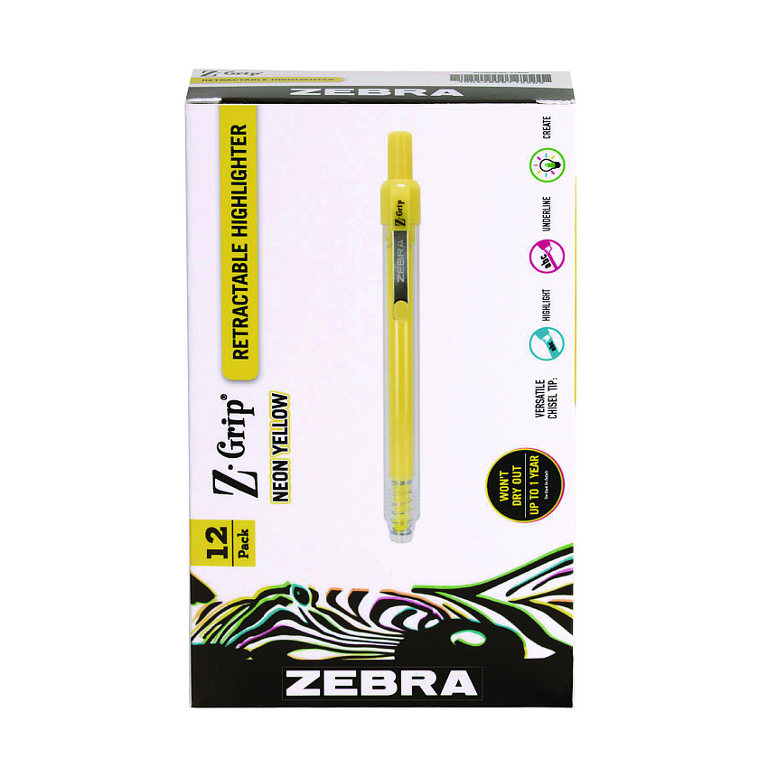 Zebra Z-Grip Retractable Highlighter Markers, Neon Yellow Ink, Chisel Tip, Neon Yellow Barrel, Dozen (71250)