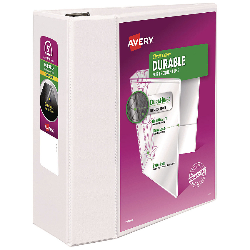 Avery Durable View Binder with DuraHinge and EZD Rings, 3 Rings, 5" Capacity, 11 x 8.5, White, (9901) (09901)