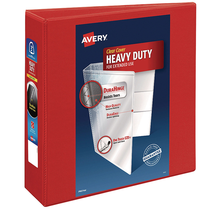 Avery Heavy-Duty View Binder with DuraHinge and Locking One Touch EZD Rings, 3 Rings, 3" Capacity, 11 x 8.5, Red (79325)