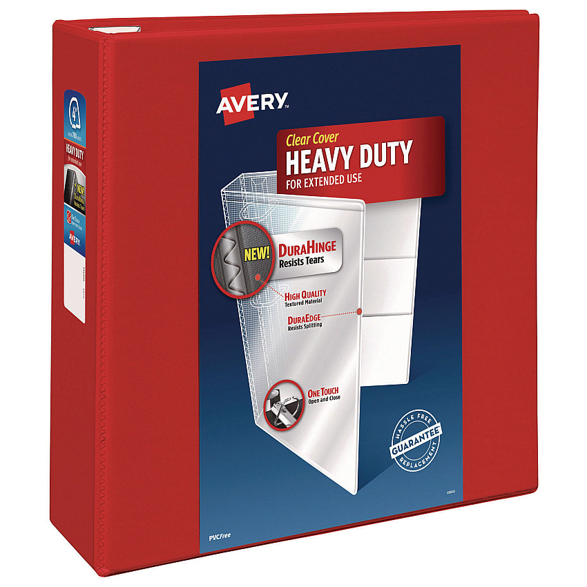 Avery Heavy-Duty View Binder with DuraHinge and Locking One Touch EZD Rings, 3 Rings, 4" Capacity, 11 x 8.5, Red (79326)