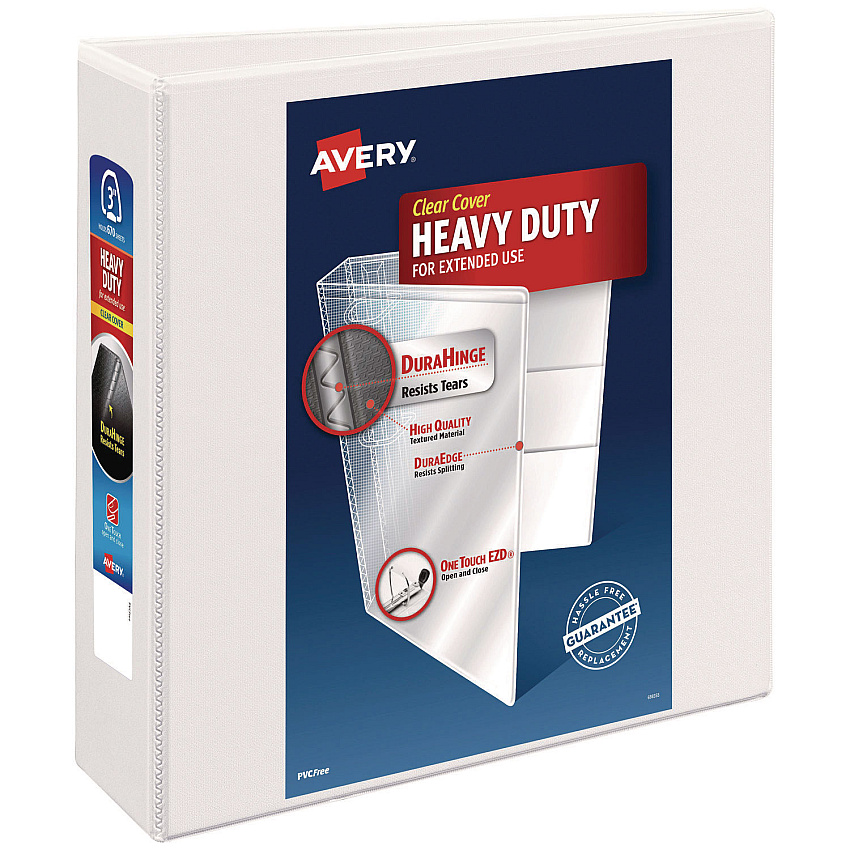Avery Heavy-Duty View Binder with DuraHinge and Locking One Touch EZD Rings, 3 Rings, 3" Capacity, 11 x 8.5, White (79193)
