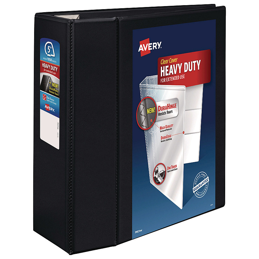 Avery Heavy-Duty View Binder with DuraHinge and Locking One Touch EZD Rings, 3 Rings, 5" Capacity, 11 x 8.5, Black (79606)