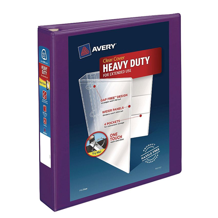 Avery Heavy-Duty View Binder with DuraHinge and One Touch EZD Rings, 3 Rings, 1.5" Capacity, 11 x 8.5, Purple (79774)