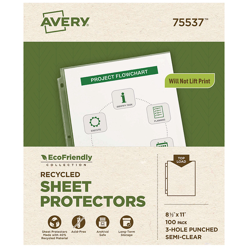 Avery Top-Load Recycled Polypropylene Sheet Protector, Semi-Clear, 100/Box (75537)