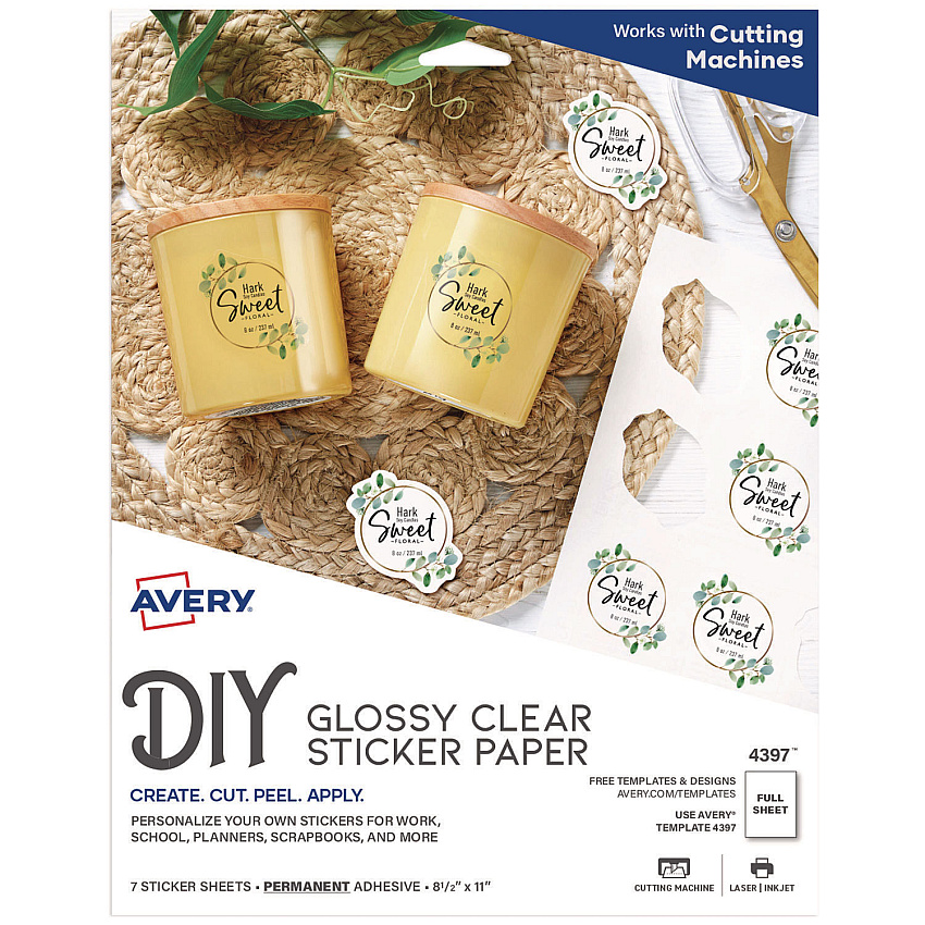 Avery Sticker Project Paper Laser/Inkjet Multipurpose Labels, 11 x 8.5, Glossy Clear, 1 Label/Sheet, 7 Sheets/Pack (4397KBF)