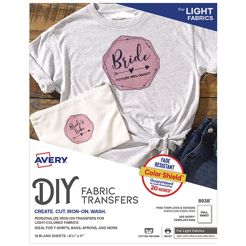 Avery Fabric Transfers, 8.5 x 11, White, 18/Pack (8938)