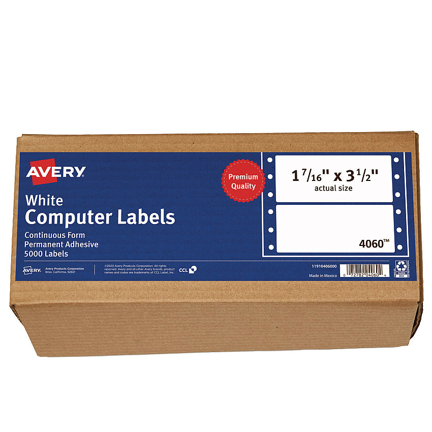 Avery Dot Matrix Printer Mailing Labels, Pin-Fed Printers, 1.44 x 3.5, White, 5,000/Box (4060)