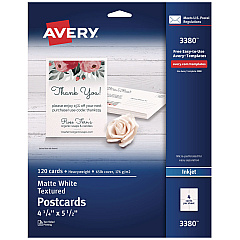 Avery Printable Postcards, Inkjet, 65 lb, 4.25 x 5.5, Textured Matte White, 120 Cards, 4 Cards/Sheet, 30 Sheets/Box (3380)