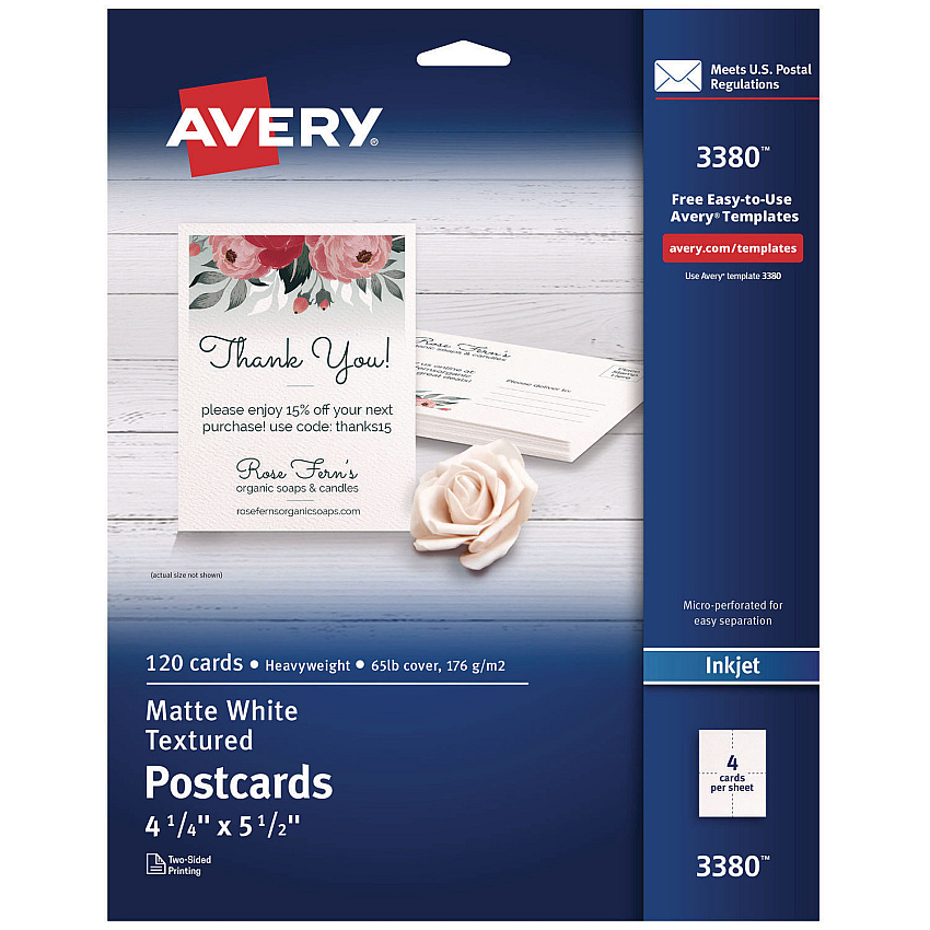 Avery Printable Postcards, Inkjet, 65 lb, 4.25 x 5.5, Textured Matte White, 120 Cards, 4 Cards/Sheet, 30 Sheets/Box (3380)