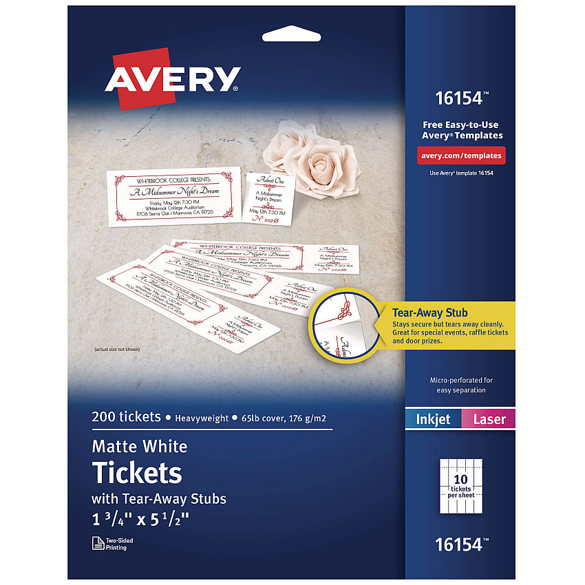 Avery 16154 Printable Tickets with Tear-Away Stubs