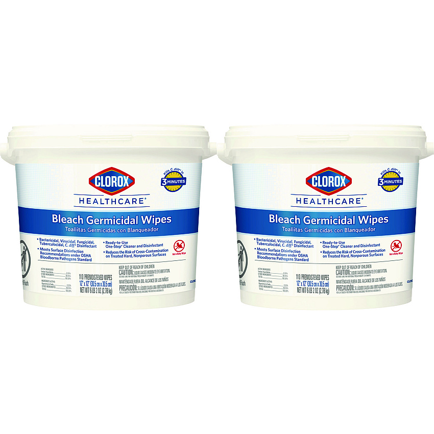 Clorox Healthcare Bleach Germicidal Wipes, 12 x 12, Unscented, 110/Canister, 2/Carton (30358CT)