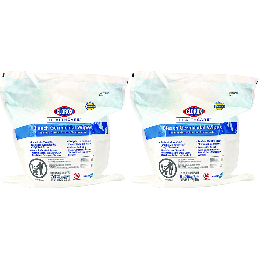 Clorox Healthcare Bleach Germicidal Wipes, 12 x 12, Unscented, 110/Refill, 2/Carton (30359CT)