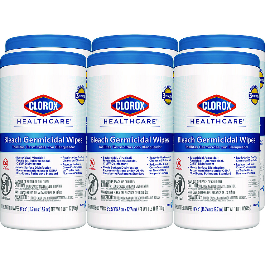Clorox Healthcare Bleach Germicidal Wipes, 6 x 5, Unscented, 150/Canister, 6 Canisters/Carton (30577CT)