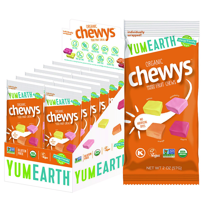 YumEarth Organic Chewys, Assorted Flavors, 2 oz Bag, 12/Carton (22002291)