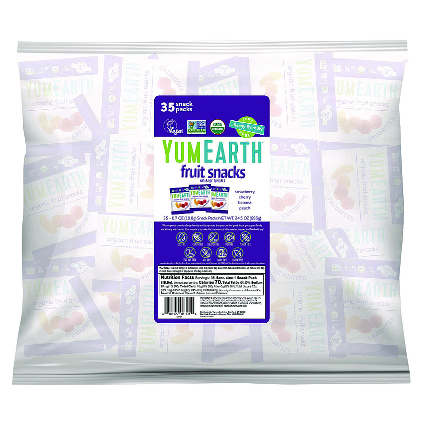 YumEarth Organic Fruit Pack Snacks, Assorted Flavors, 0.7 oz Bag, 35/Carton (22002293)