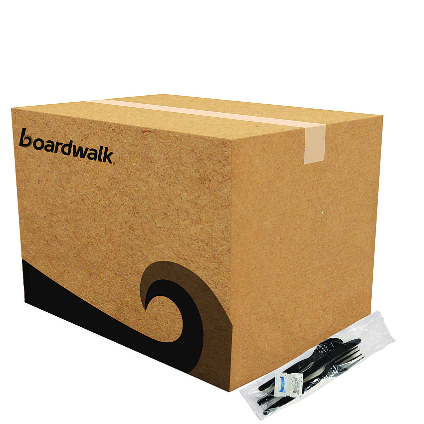 Boardwalk Six-Piece Cutlery Kit, Condiment/Fork/Knife/Napkin/Spoon, Heavyweight, Black, 250/Carton (BWKFKTNSHWPSBLA)