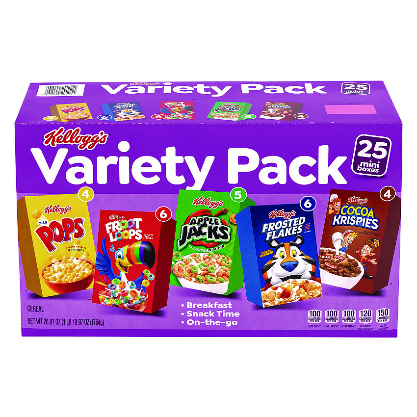 Kellogg's Cereal Assortment Pack, Assorted Flavors, Single Serve Box, 25/Carton (22002287)
