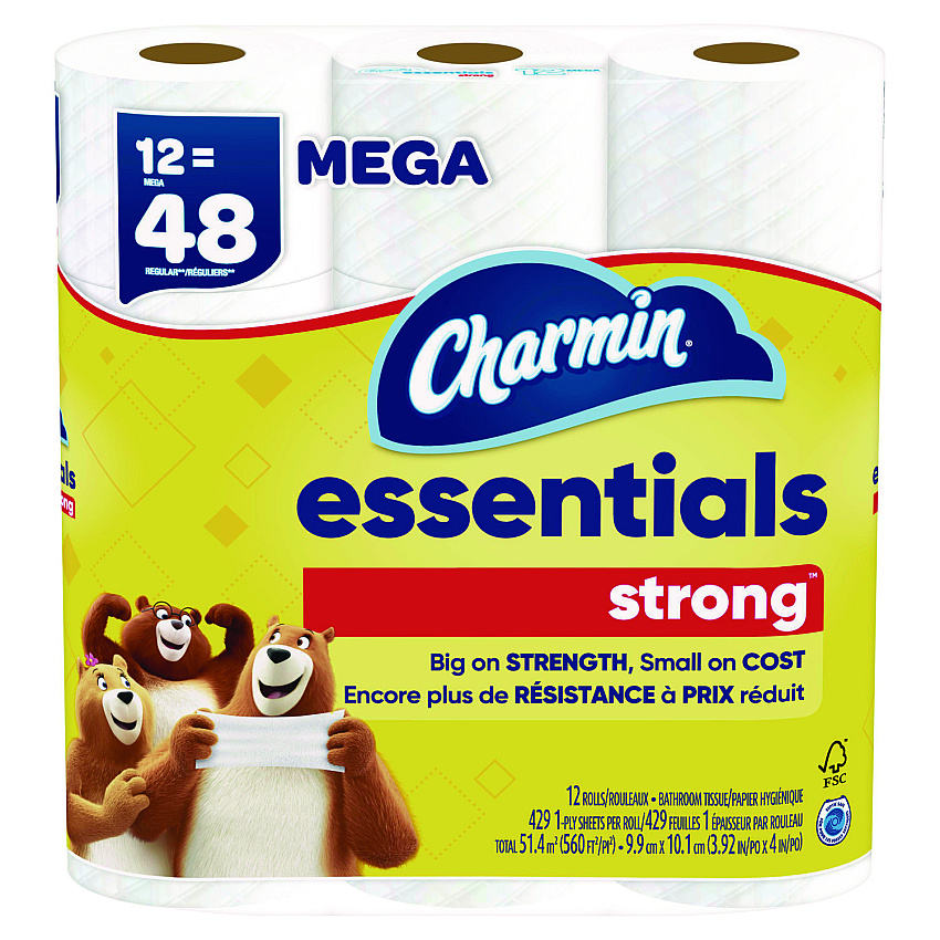 Charmin Essentials Strong Bathroom Tissue, Septic Safe, 1-ply, White, 429/roll, 12 Rolls/pack