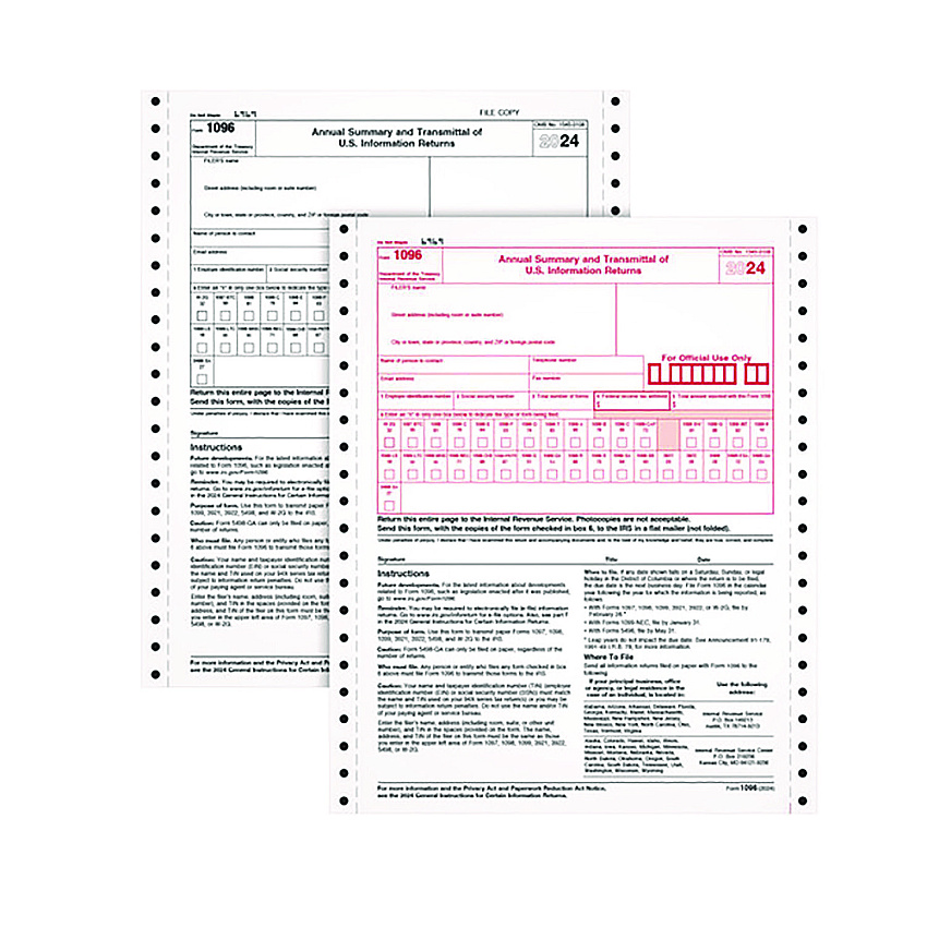TOPS 1096 Summary Transmittal Tax Forms, Two-Part Carbonless, 8 x 11, 1/Page, 10 Forms (2202)