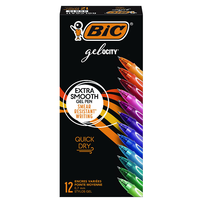 BIC Gel-ocity Quick Dry Gel Pen, Retractable, Fine 0.7 mm, 12 Assorted Ink and Barrel Colors, Dozen (RGLCGA11AST)