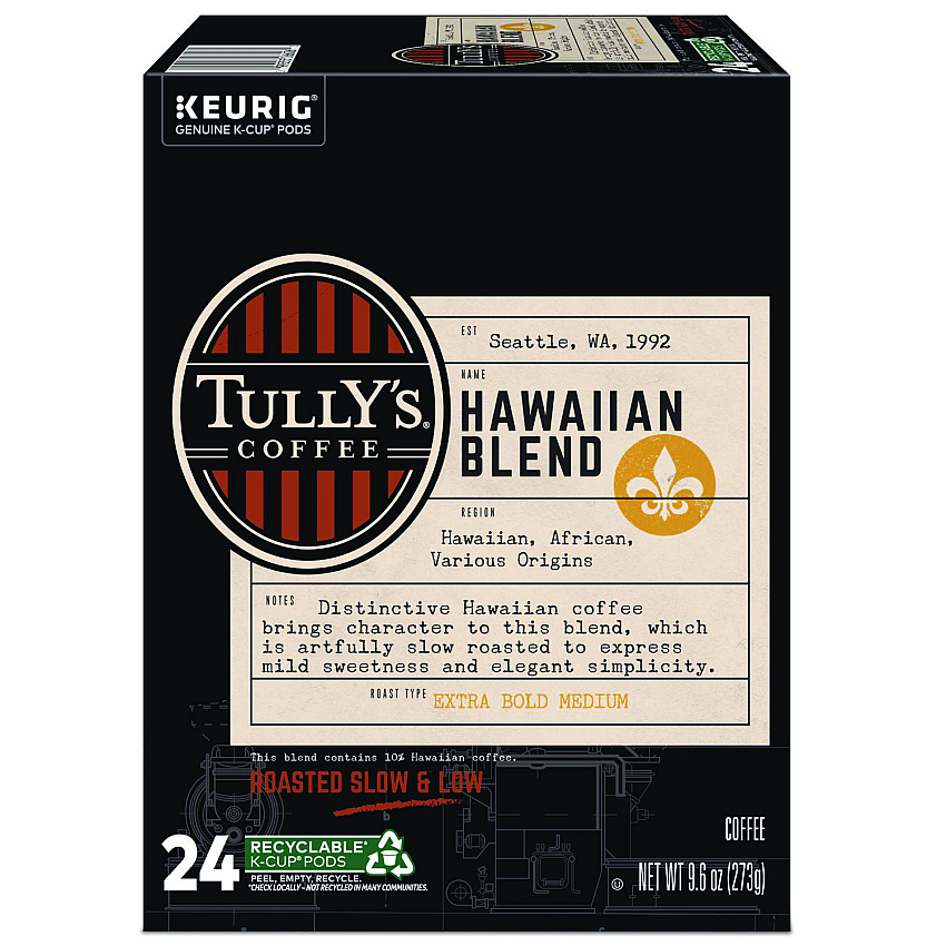 Tully's Coffee Hawaiian Blend Coffee K-Cups, 24/Box (6606)