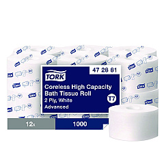 Tork Advanced Coreless High Capacity Bath Tissue, 2-Ply, White, 1,000 Sheets/Roll, 12 Rolls/Carton (472881)