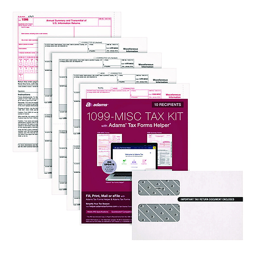 Adams 1099-MISC Five-Part Laser Forms and Envelopes, Fiscal Year: 2022, 5-Part Carbonless, 8 x 5, 2 Forms/Sheet, 10 Forms Total (22907KIT)