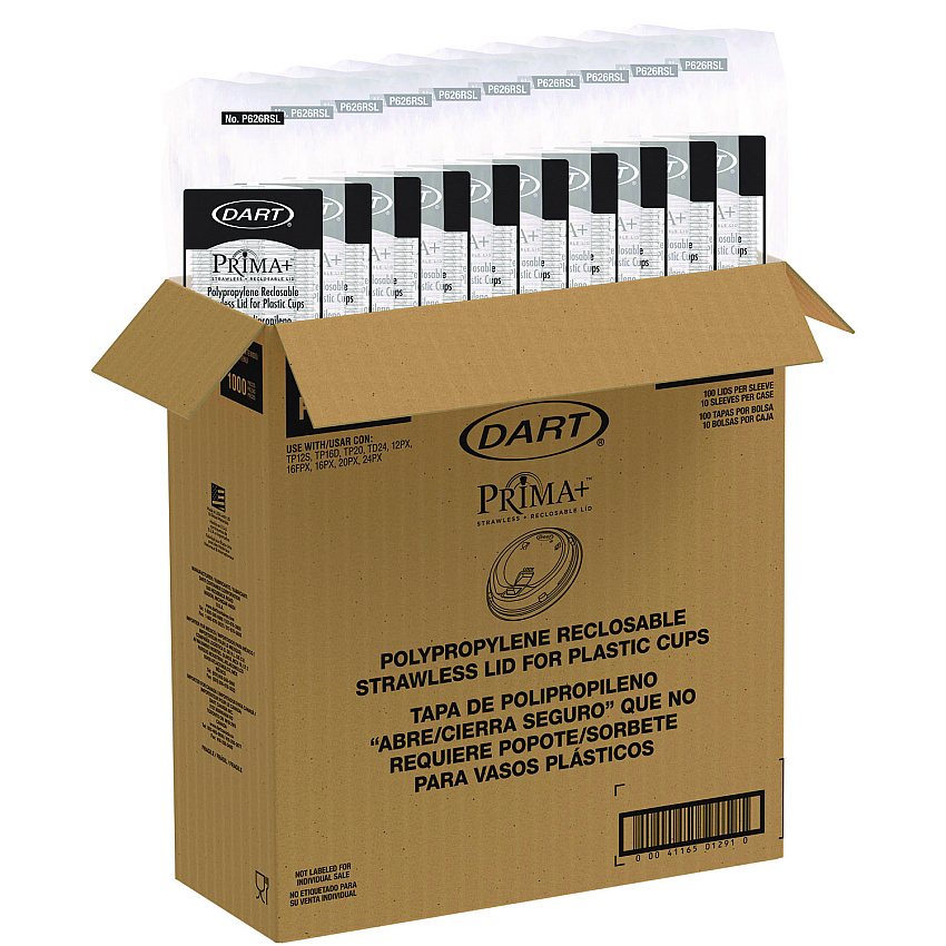 Dart Prima Strawless Plastic Lids, Fits 12 oz to 26 oz Cups, Clear, 100 Lids/Sleeve, 10 Sleeves/Carton (P626RSL)