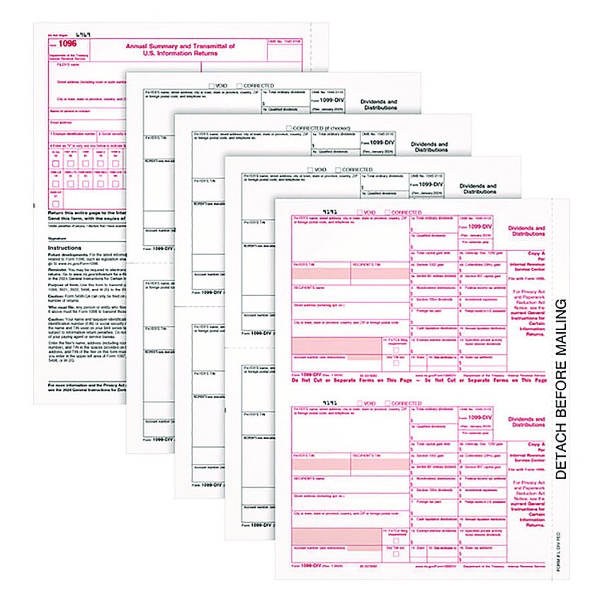TOPS 1099-Div Tax Forms, Five-Part Carbonless, 5.5 x 8, 2/Page, (24) 1099s and (1) 1096 (22973)
