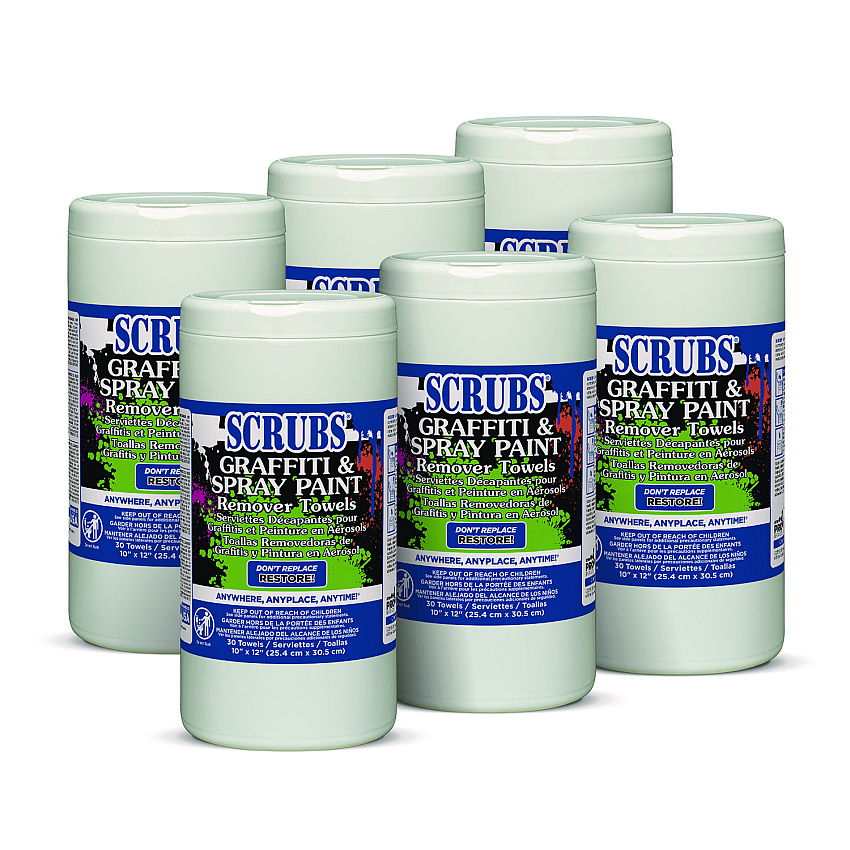 SCRUBS Graffiti and Paint Remover Towels, 10 x 12,  Orange on White, 30/Canister, 6 Canisters/Carton (90130CT)