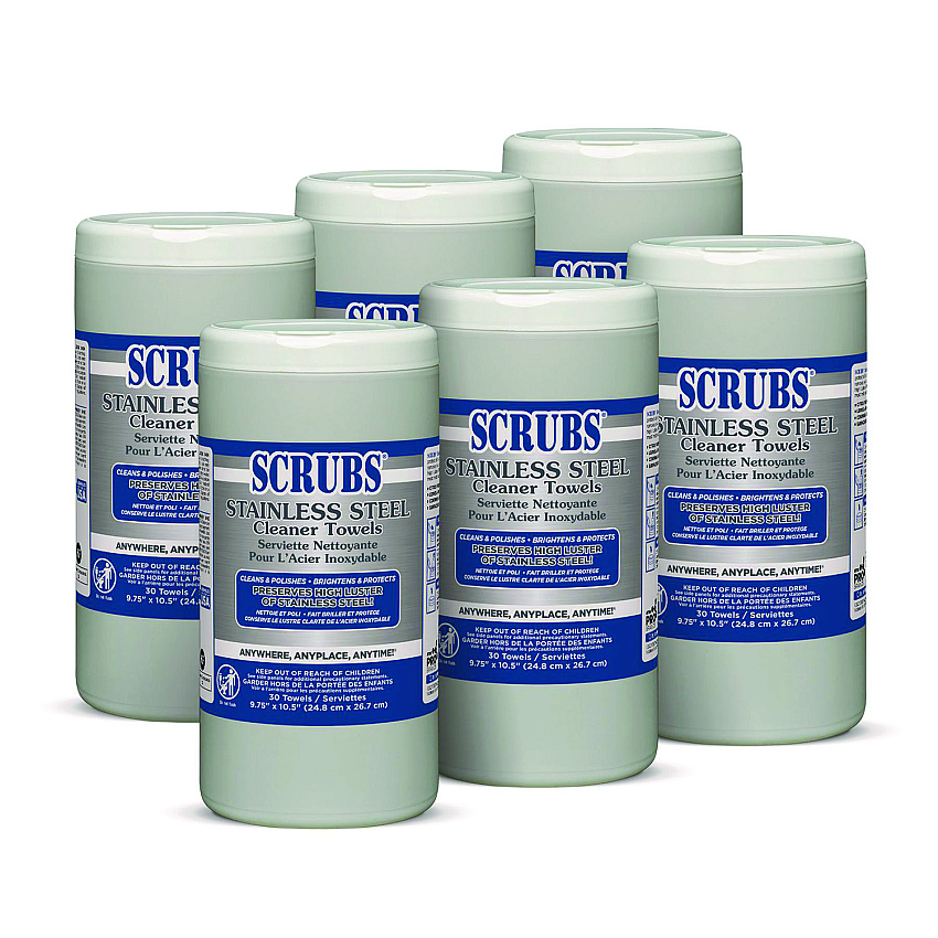 SCRUBS Stainless Steel Cleaner Towels, 9.75 x 10.5, Lemon Scent, 30/Canister, 6 Canisters/Carton (91930CT)