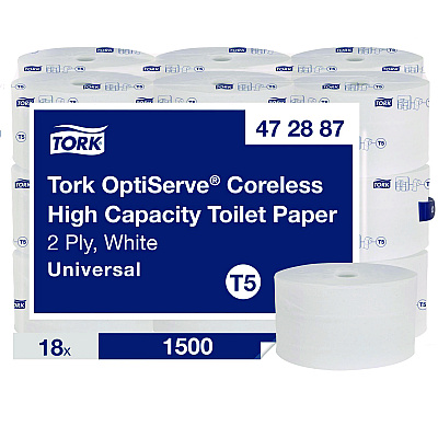 Tork OptiServe High-Capacity Coreless Toilet Paper, 2-Ply, White, 1,500 Sheets/Roll, 18 Rolls/Carton (472887)