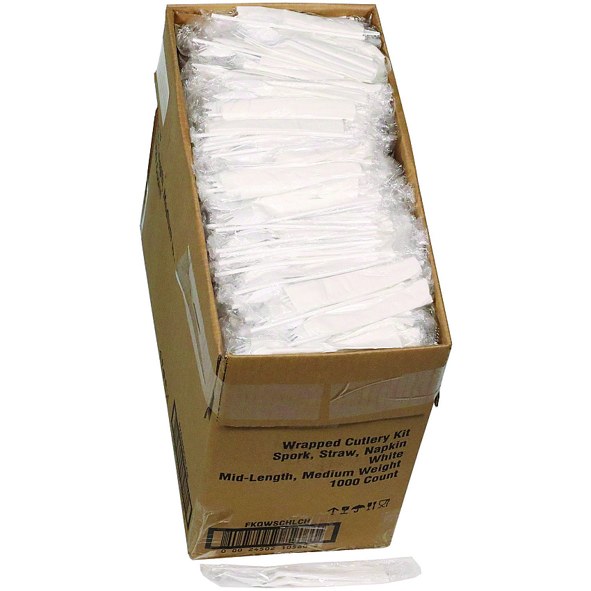 Pactiv Fieldware Cutlery Kit, 5.5" Spork, 10 x 8 Napkin, Standard Straw, Mediumweight, White, 1,000/Carton (FKQWSCHLCH)