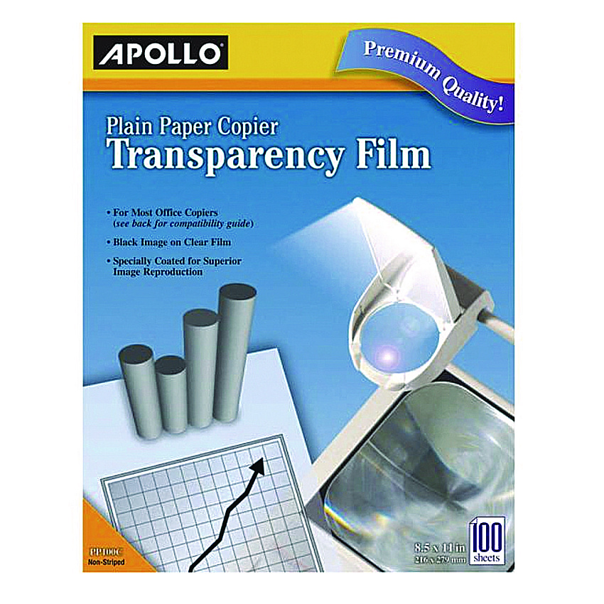 Apollo Plain Paper Transparency Film, 8.5 x 11, Black on Clear, 100/Box (PP100C)