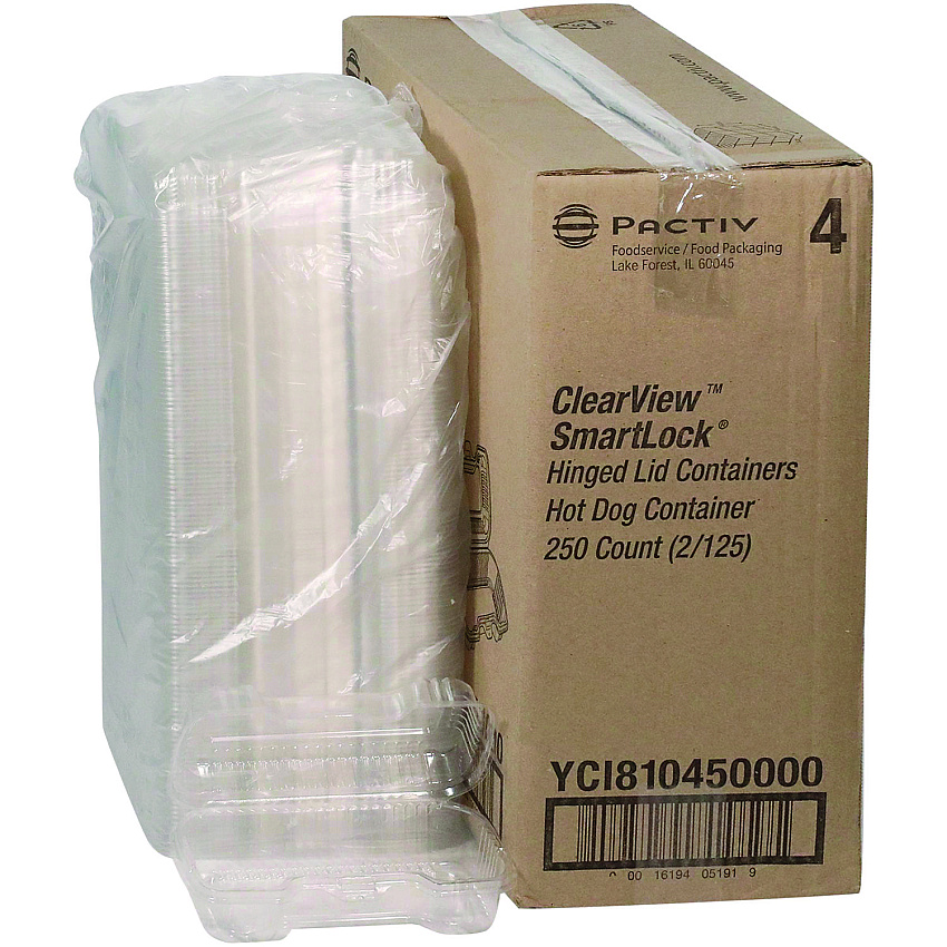 Pactiv Hinged Lid Hot Dog Container, 6.5 x 2.25 x 2.75, Clear, Plastic, 250/Carton (YCI810450000)