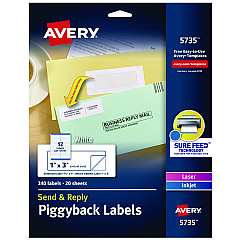 Avery Send and Reply Piggyback Labels, Inkjet/Laser Printers, 1.63 x 4, White, 12/Sheet, 20 Sheets/Pack (5735)
