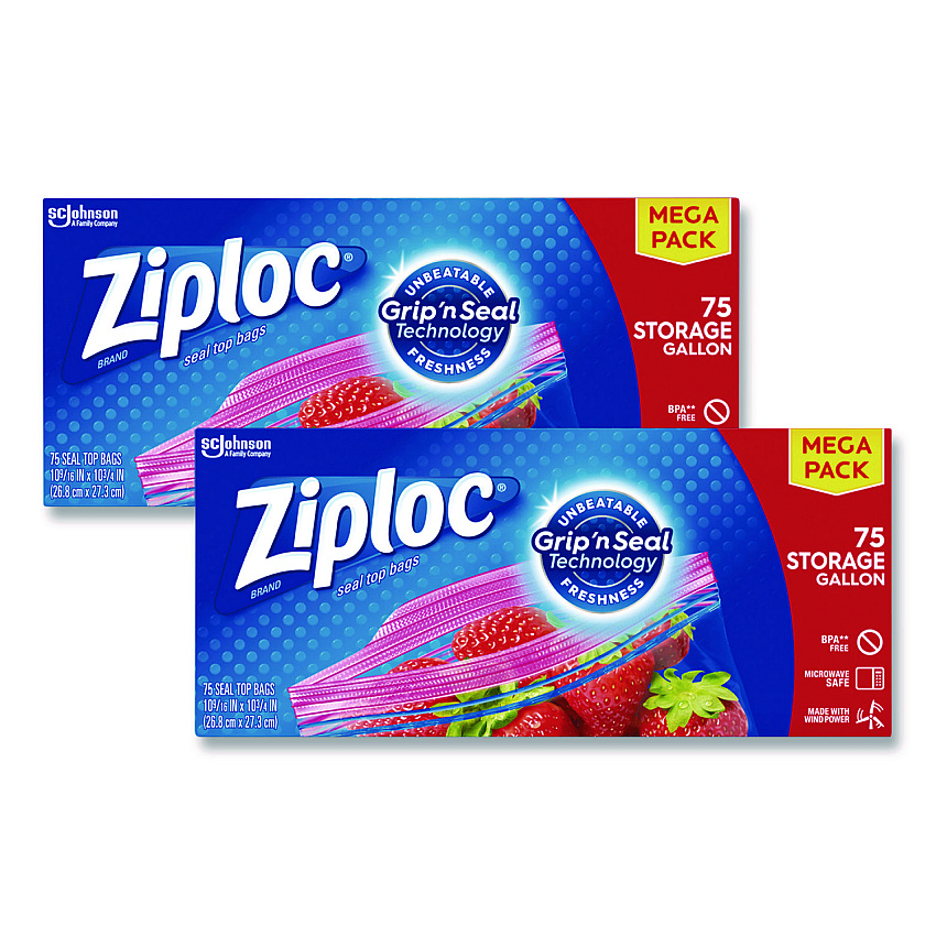 Ziploc Seal Top Bags, 1 gal, 10.75" x 10.56, Clear, 75 Bags/Pack, 2 Packs/Box (314480)