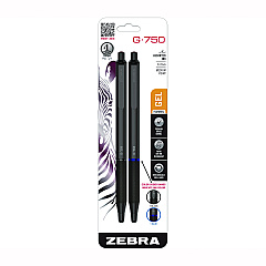 Zebra G-750 Gel Pen, Retractable, Medium 0.7 mm, Black; Blue Ink, Black Barrel, 2/Pack (49802)