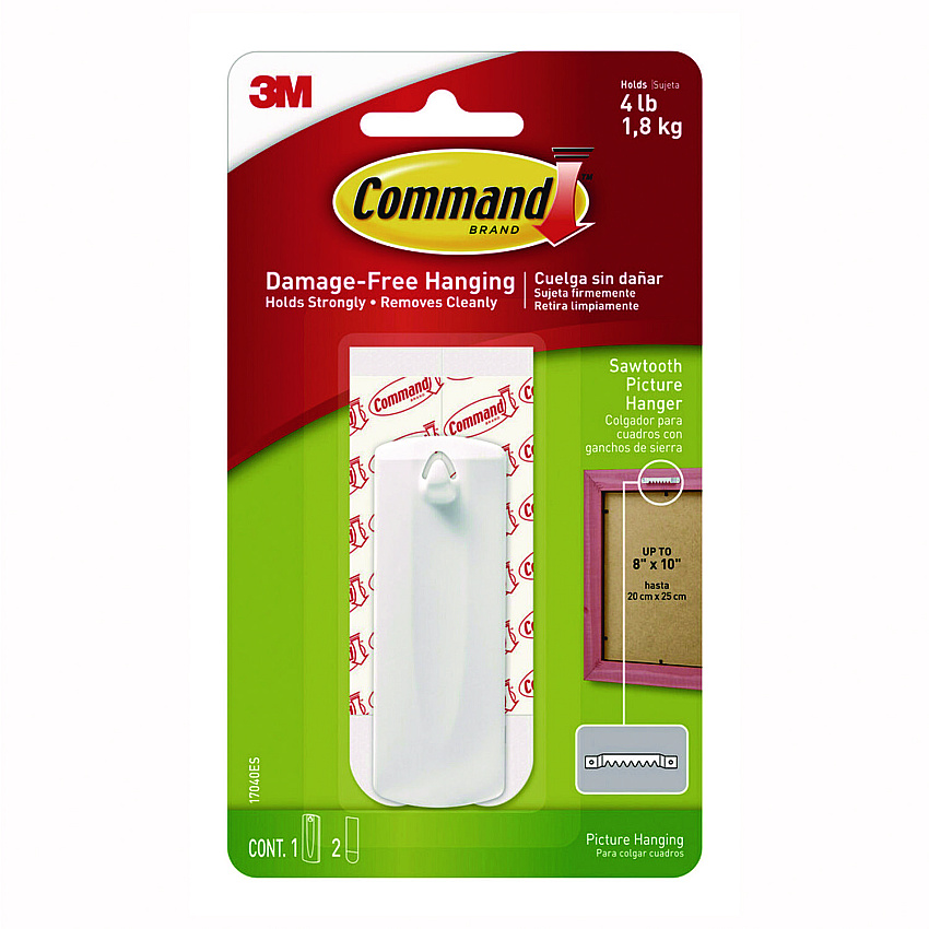 Command Sawtooth Picture Hanger, One Hanger, Two Strips, White, Supports 4 lbs (70005151330)