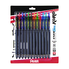 Pentel EnerGel Kuro Gel Pen, Medium 0.7 mm, Assorted Ink, Black Barrel, 12/Pack (BL437R1BP12M)