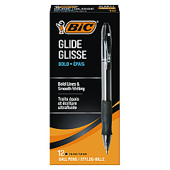 BIC GLIDE Bold Ballpoint Pen, Retractable, Bold 1.6 mm, Black Ink, Smoke Barrel, Dozen (VLGB11BK)